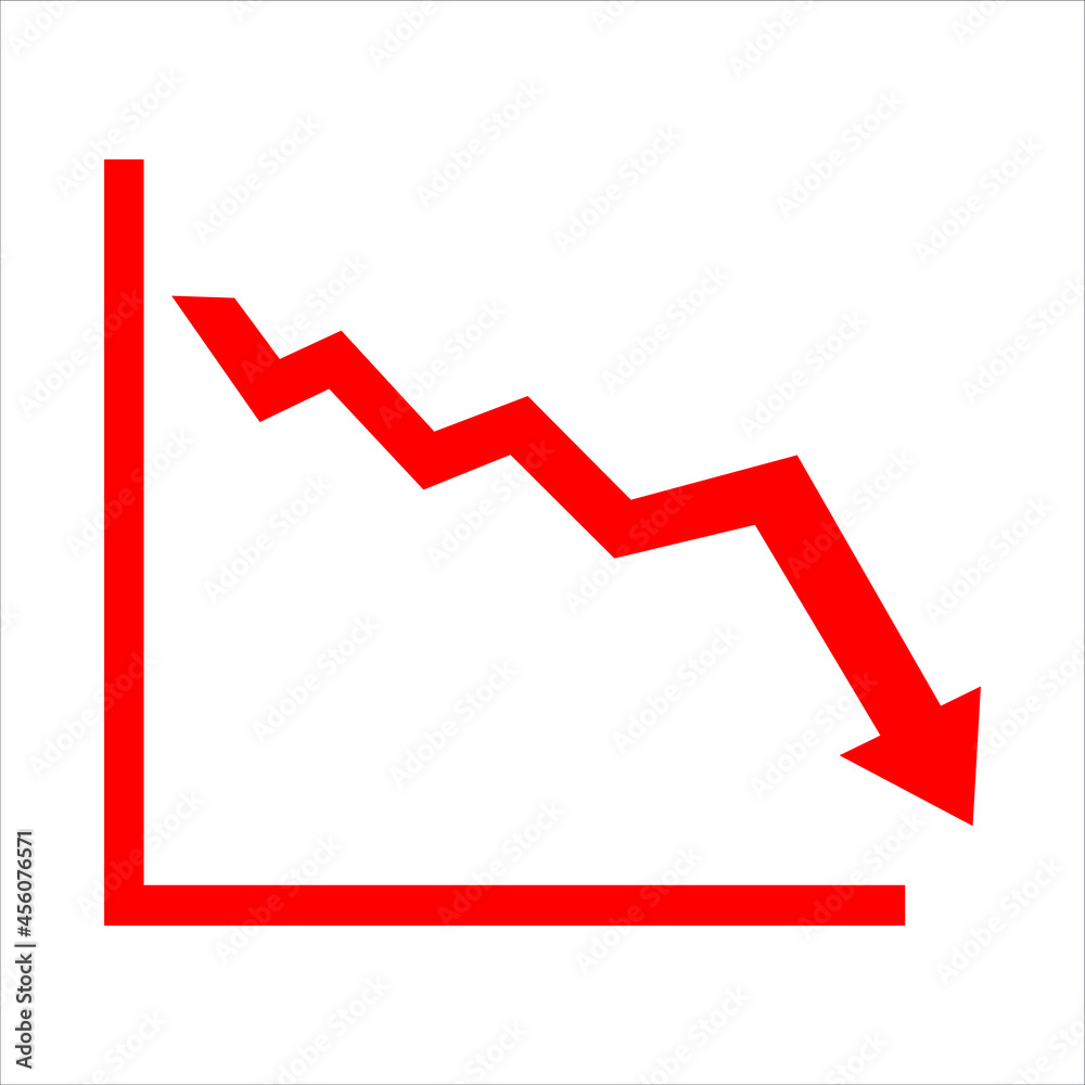 Vetor do Stock Red arrow going down stock icon on white background. flat  style. Bankruptcy, financial market crash icon for your web site design,  logo, app, UI. graph chart downtrend symbol. chart, image size:1000x1000