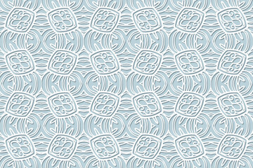 Wall Mural - Geometric volumetric convex ethnic white 3D pattern, abstract cover design. Embossed blue background, arabesque. Cut paper effect, openwork lace texture. Oriental, Indonesian, Asian motives.