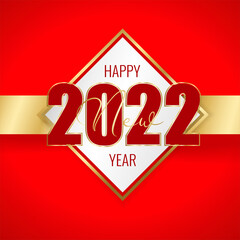 Wall Mural - Happy New Year 2022. Red number on white sticker and gold ribbon on red background. Template for New Year design. Vector illustration