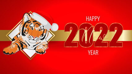 Wall Mural - Merry Christmas and Happy Tiger Chinese New year greeting card, banner, poster. Tiger in the red Santa hat on red background. Vector illustration.