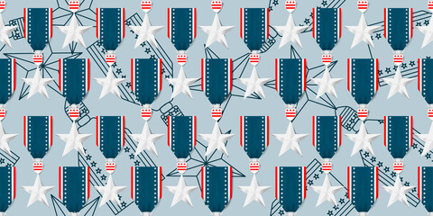 Wall Mural - Veterans Day seamless pattern design. Congratulations veteran's day in the United States of America. Silver star medal with USA flag ribbon on grey background. Vector illustration.