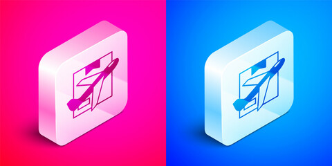 Poster - Isometric Plane and cardboard box icon isolated on pink and blue background. Delivery, transportation. Cargo delivery by air. Airplane with parcels, boxes. Silver square button. Vector