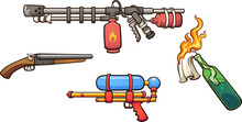 Assorted Cartoon Weapons. Vector Clip Art Illustration With Simple Gradients. Each On A Separate Layer.
