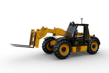 3D Rendering Of A Yellow And Black Fork Lift Truck Isolated On A White Background.