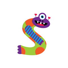 Wall Mural - Happy Monsters Vector Alphabet Letters, for classroom poster, stickers or magnets. Letter S in funny cartoon colorful style for kids education.