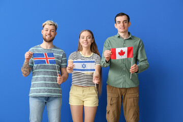 Sticker - Young people with different flags on color background