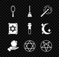 Set Magic hand mirror, Witches broom, wand, ball on, Star of David, Pentagram in circle, Ancient magic book and Bottle with love potion icon. Vector