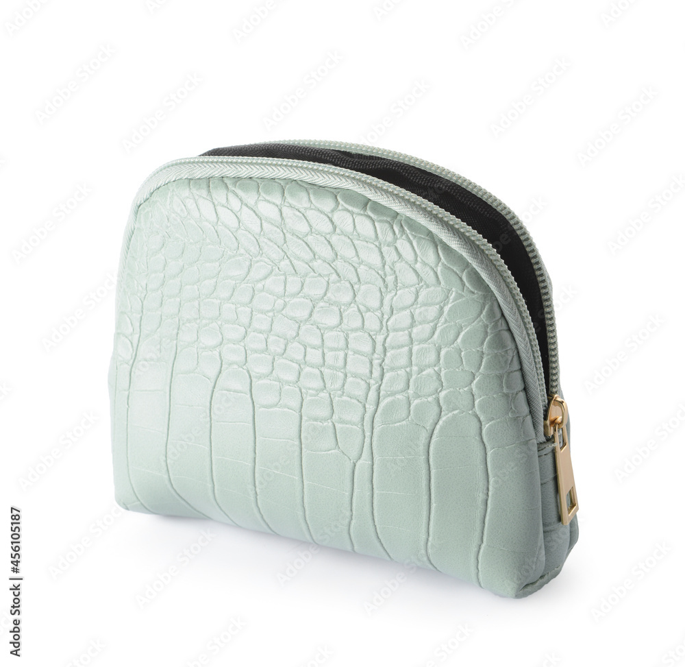 Stylish cosmetic bag on white background