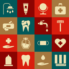 Wall Mural - Set Towel stack, Heart with cross, Shaving razor, Round makeup mirror, Broken tooth, Bar of soap, Shower head and Water tap icon. Vector