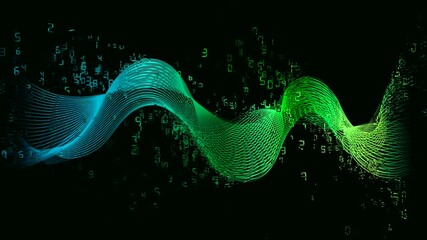 Ultra HD 4K abstract blue green spectrum wave animation with  disintegration random numbers effect. seamless looping video matrix style. overlay stock video footage