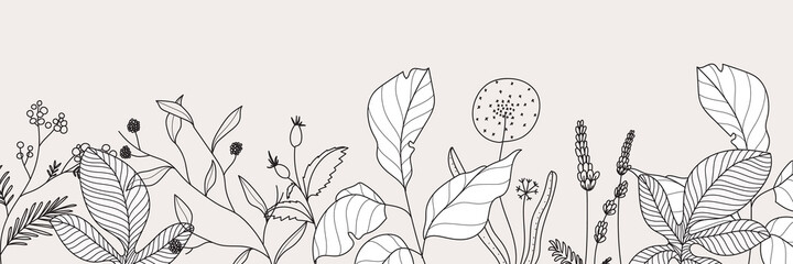 minimal Autumn botanical graphic sketch line art drawing, trendy tiny tattoo design, floral elements vector illustration