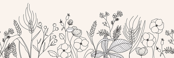 Wall Mural - minimal Autumn botanical graphic sketch line art drawing, trendy tiny tattoo design, floral elements vector illustration