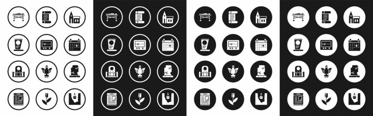 Sticker - Set Church building, Beat dead monitor, Grave with tombstone, Dead body the morgue, Calendar death, Decree, parchment, scroll, Old grave and icon. Vector