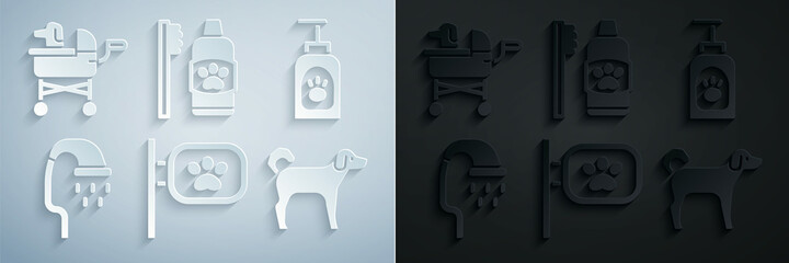 Sticker - Set Pet grooming, shampoo, shower, Dog, Dental hygiene for pets and stroller icon. Vector