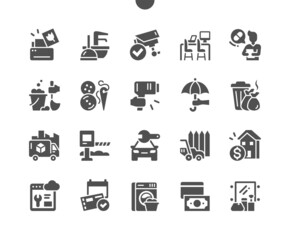 Poster - Services. Different service of people. Print, plumbing, security, coworking, medical, cleaning service and other. Business, technology, company. Vector Solid Icons. Simple Pictogram