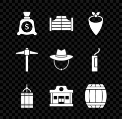 Poster - Set Money bag, Saloon door, Cowboy bandana, Dynamite bomb, Wild west saloon, Gun powder barrel, Pickaxe and Western cowboy hat icon. Vector