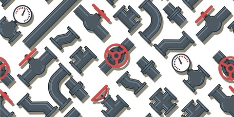 Wall Mural - Pipe fittings, taps, bends and fittings. Spare parts for pipelines, sewerage, gas lines and any liquid supply. Isolated on a white background. Illustration Seamlessly Patten Vector