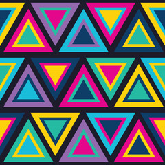 Wall Mural - Bold geometric 80's triangle seamless vector pattern. Vibrant, bright and colourful triangular eighties retro style design. Blue, purple, pink, green, yellow 1980's background wallpaper texture print.