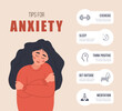 Tips for anxiety. Happy woman hugging herself. Mental health concept. Infographic of psychology help. Mood disorder. Vector illustration in flat cartoon style.