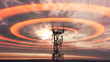 Wireless telecom radiation with aerial footage. Silhouette of telecommunication tower construction with antenna dishes on red sunset. Mobile digital radio waves animation from the high cellular mast.
