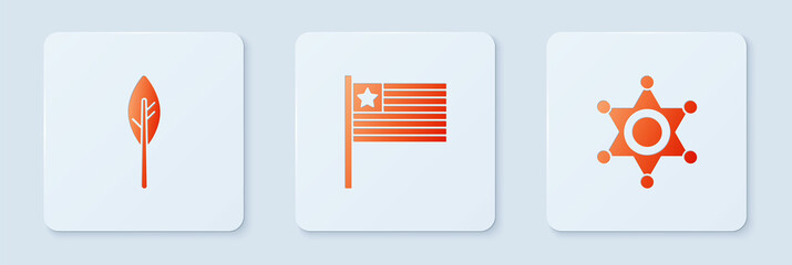 Sticker - Set American flag, Indian feather and Hexagram sheriff. White square button. Vector