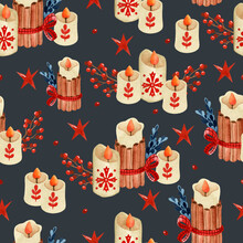 Cozy Rustic Candles With Berries And Stars Christmas Seamless Pattern	