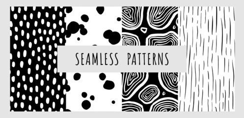 Wall Mural - Vector set with polka dot texture. Abstract geometric patterns. Hand drawn texture for print, textile, packaging. Black and white background. Vector illustrations.