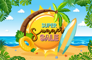 Wall Mural - Super Summer Sale banner with beach scene