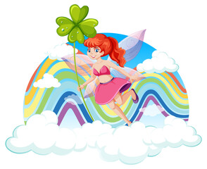 Poster - Little fairy holding clover leaf in the sky with rainbow