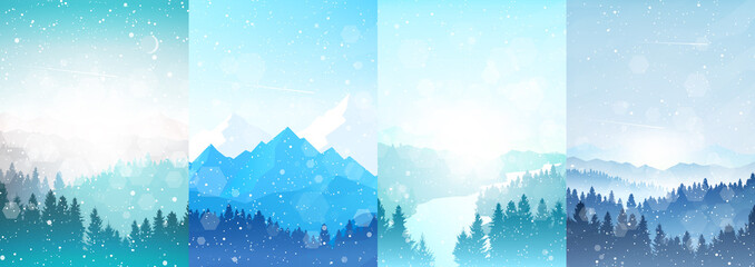 Wall Mural - Winter Landscapes Set. Modern illustration. Mountain landscape. Travel concept of discovering. Hiking tourism. Adventure. Minimalist graphic posters. Polygonal flat design for coupons, vouchers, cards