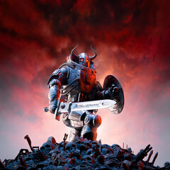 Futuristic viking warrior battle - 3D illustration of science fiction barbarian robot knight with horned helmet, battle sword and shield standing on human skulls and debris