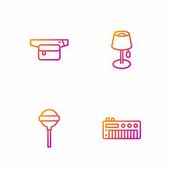 Sticker - Set line Music synthesizer, Lollipop, Waist bag of banana and Floor lamp. Gradient color icons. Vector