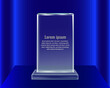 Realistic rectangle glass plaque award, glass medal  isolated perspective gradient blue color