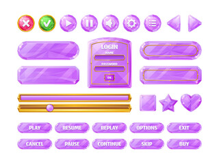 Poster - Diamond game ui buttons, pink crystal progress bar, Cartoon menu interface gui elements. User setting panel, slider, star, heart, pause and arrows login and password board, isolated vector icons set