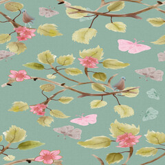 Poster - Watercolored pattern with leafs, butterflies an birds vector seamless repeat pattern print background