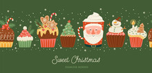 Christmas and Happy New Year seamless border with christmas sweet and drink. Vector design template.