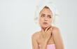 © SHOTPRIME STUDIO - woman with bare shoulders with a towel on her head emotions dissatisfaction hygiene