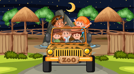 Wall Mural - Safari at night scene with many kids in a jeep car