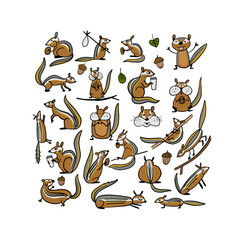 Poster - Funny Chimpank family with nuts. Ground Squirrel. Background for your design