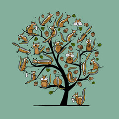 Poster - Funny Chimpank family with nuts on Tree. Ground Squirrel. Art Concept for your design