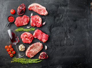 Wall Mural - Set of various classic, alternative raw meat steaks with glasses of red wine over black background top view. Big size space for text.