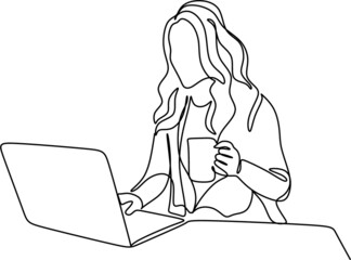 one line drawing of a woman sitting with laptop computer. Young female in glasses using laptop, communicates on internet with customer in home, reusable coffee tea mug 