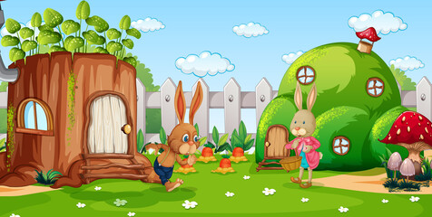 Poster - Garden scene with rabbit family cartoon character