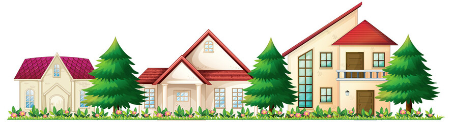 Wall Mural - Front of suburban houses on white background