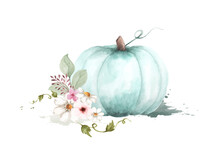 Autumn Watercolor Illustration With Pumpkins And Flowers Leaves