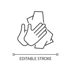 Sticker - Dry hands with tissue linear icon. Wiping off dirt and germs from palms. Use antibacterial wipes. Thin line customizable illustration. Contour symbol. Vector isolated outline drawing. Editable stroke