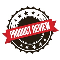 PRODUCT REVIEW text on red brown ribbon stamp.