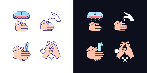 Poster - Proper handwashing light and dark theme RGB color icons set. Hand-drying method. Wetting hands with water. Isolated vector illustrations on white and black space. Simple filled line drawings pack