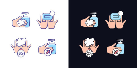 Poster - Hand hygiene light and dark theme RGB color icons set. Wash with brick soap. Antimicrobial skin cleanser. Isolated vector illustrations on white and black space. Simple filled line drawings pack
