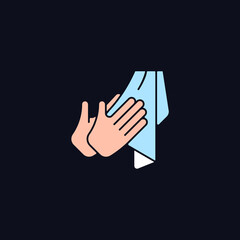 Sticker - Dry hands with towel RGB color icon for dark theme. Effective germs removing. Using paper and textile towels. Isolated vector illustration on night mode background. Simple filled line drawing on black